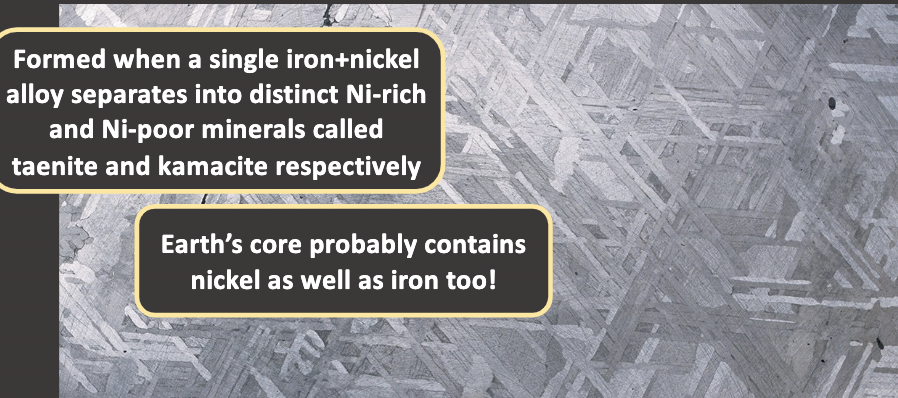 <ul><li><p>cross hatched</p></li><li><p>in iron meteorites</p></li><li><p>occurs cause of slow cooling of Fe- Ni alloy that separates into Ni rich and poor mineral phases</p></li></ul>