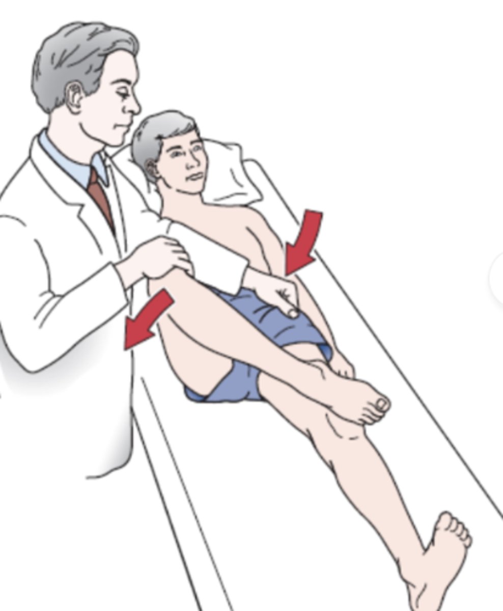 <ul><li><p>hip dysfunction (mobility restriction)</p></li></ul><ul><li><p>(+): A positive test is indicated by the test leg's knee remaining above the opposite straight leg. Positive the test indicates that the hip joint may be affected, that there may be iliopsoas spasm, or that the sacroiliac joint may be affected.</p><ul><li><p><span><em>groin pain reproduction during the test indicates iliopsoas pathology, psoas impingement or anterior capsule involvement</em></span></p></li><li><p><span><em>posterolateral pain is suggestive of ischiotrochanteric impingement</em></span></p></li></ul></li></ul><p></p>