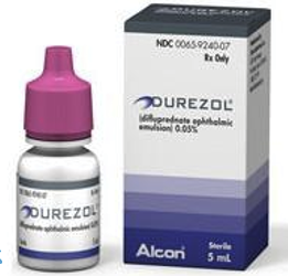<ul><li><p>0.05% difluprednate</p></li><li><p>Is an emulsion (no shaking required)</p></li><li><p>Generic version is a suspension </p></li><li><p>Is equally efficacious as Pred Forte with 50% less dosing </p></li><li><p>FDA indicated for: uveitis &amp; post-op inflammation and pain </p></li><li><p>Induces IOP spike like Pred Forte, but not as often and higher in younger patients</p></li></ul><p></p>