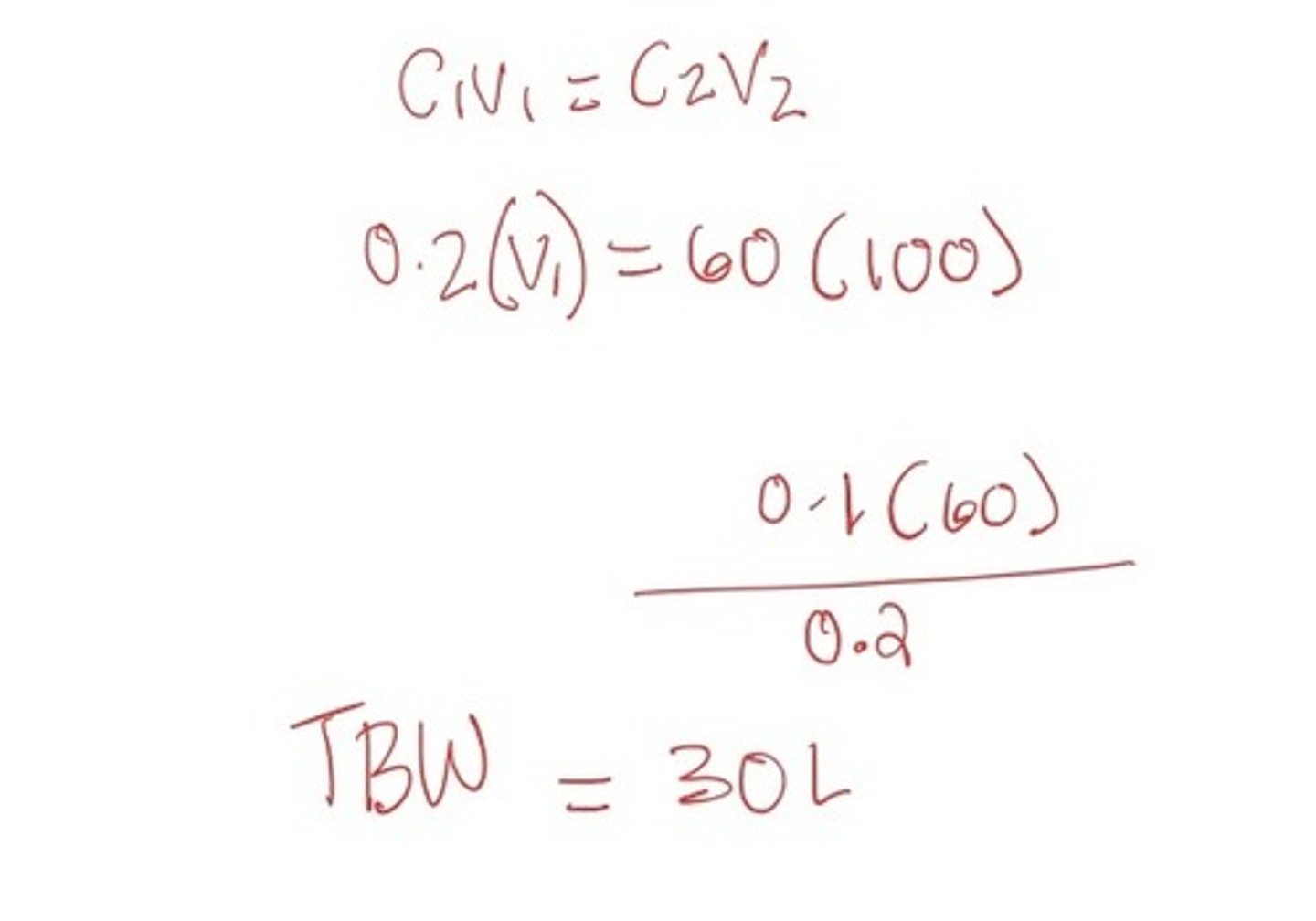 <p>Weight can be used to check reasonableness.</p><p>30L/60 kg = 0.5kg/L (total fluid mass of female body)</p>