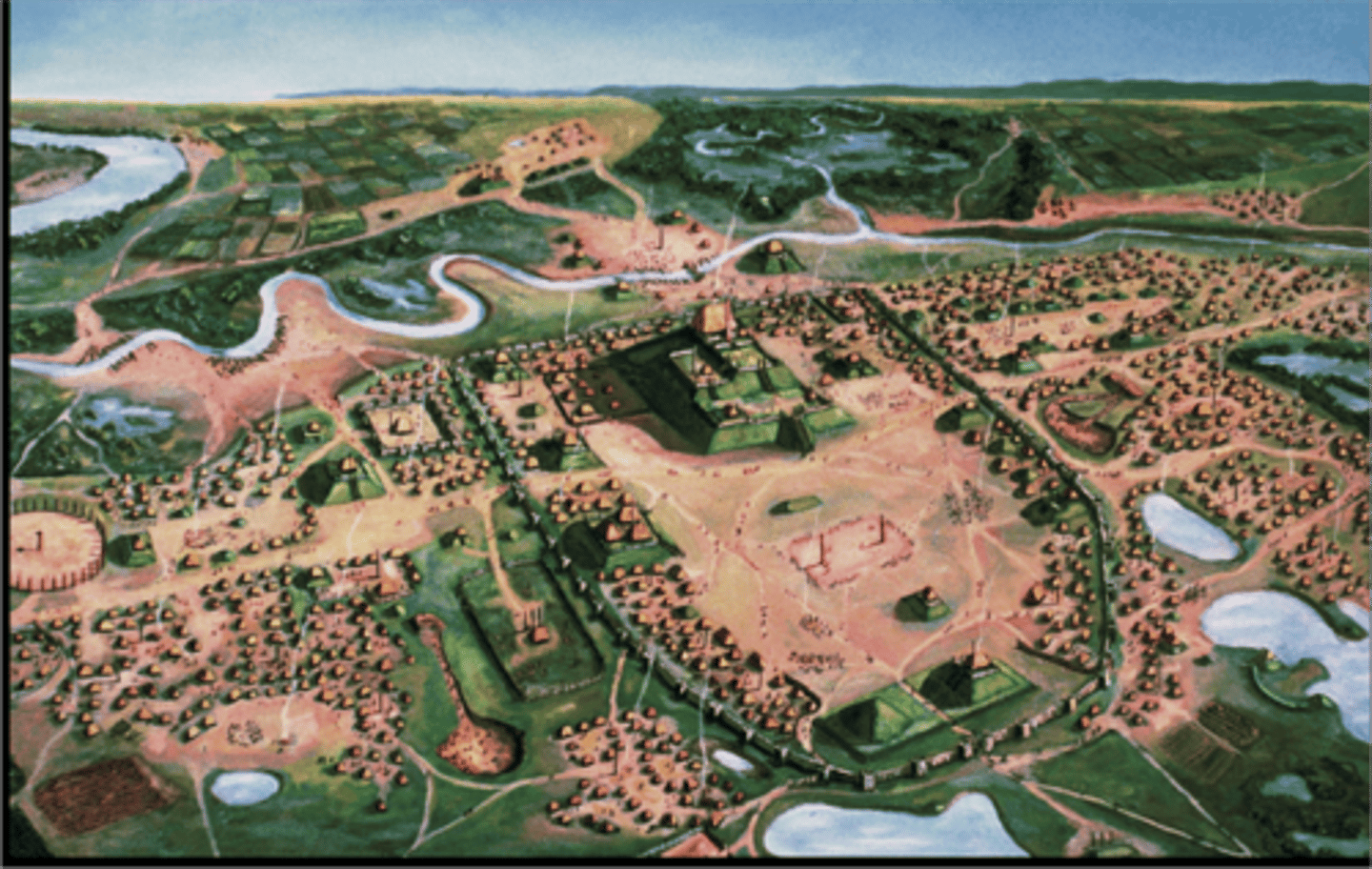 <p>Several hundred years before Columbus arrived in America, this was the largest city and center of Native American culture in the Mississippi River Valley of North America. With a walled/fortified city of around 12,000 people in 1200 ad, it stood as the largest settled community in what is now the United States until it was surpassed in size by Philadelphia and New York around 1800. Its remains can still be visited today. Native Americans here, and North America more generally, had not developed the scale or centralized organization of the Aztec and Inca civilizations in Central and South America. They also lacked the technologies Europeans had mastered, such as metal tools, writing, gunpowder, and the scientific knowledge necessary for long-distance travel. But they had perfected techniques of farming, hunting, and fishing, developed structures of political power and religious belief, and engaged in far-reaching networks of trade and communication.</p>