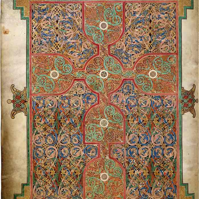 <p><strong>Lindisfarne Gospels</strong></p><p>Early Midieval Europe</p><p>700 CE</p><p>Illuminated manuscript - ink, pigments, and gold on vellum</p>