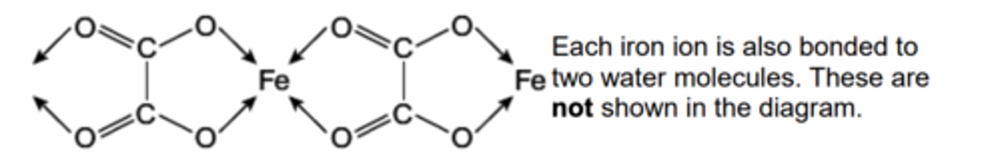 <p>a) co-ordinate bonding</p><p>b) lone pair from oxygen bonds to Fe</p><p>c) 180</p>