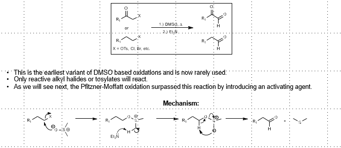 <p>Alkyl halide or carbonyl halide to ketone/aldehyde.</p><p></p><p><span>Only reactive alkyl halides or tosylates will react. 1) DMSO, heat 2) Et3N/Base</span></p>