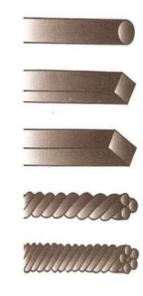 <p>Round</p><p>Square</p><p class="has-focus">Rectangular - 19×25 fully fills slot, so is used for final wire</p><p class="has-focus">Multistranded</p>