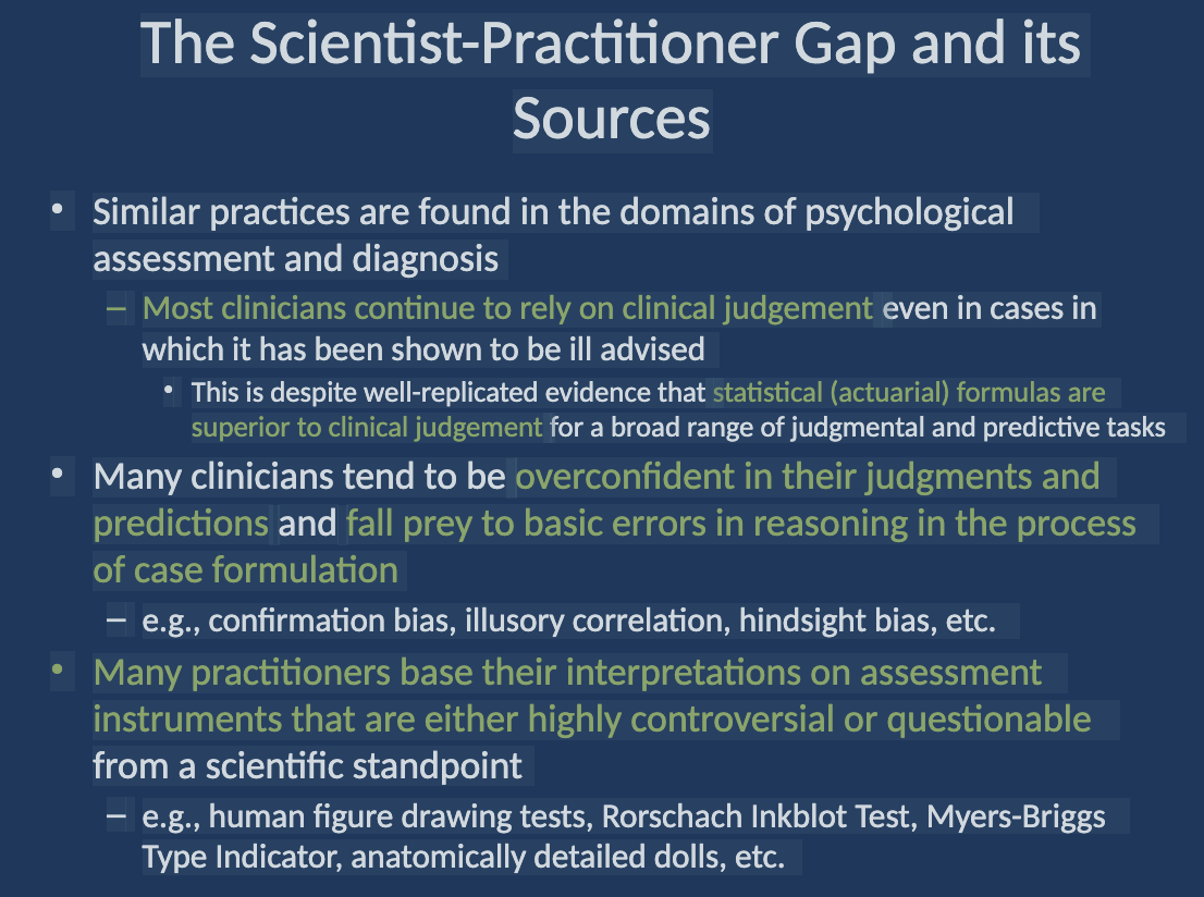 <p>Many practitioners <strong>base their interpretations on assessment tools that are either highly controversial or scientifically questionable</strong>, such as:</p><ul><li><p class="">Human figure drawing tests</p></li><li><p class="">Rorschach Inkblot Test</p></li><li><p class="">Myers-Briggs Type Indicator</p></li><li><p class="">Anatomically detailed dolls</p></li></ul><p></p>