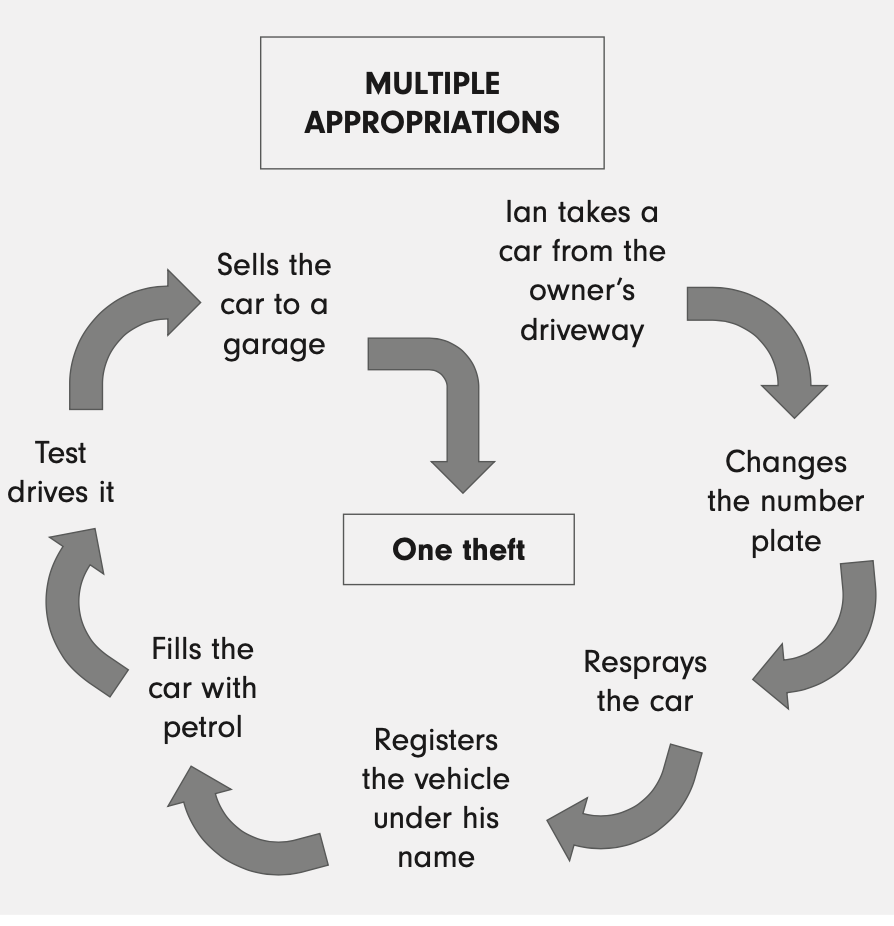 <p>No. </p><p>Can be multiple appropriations (i.e. steal car, change registration, respray it). But still only <u>one</u> theft. </p>