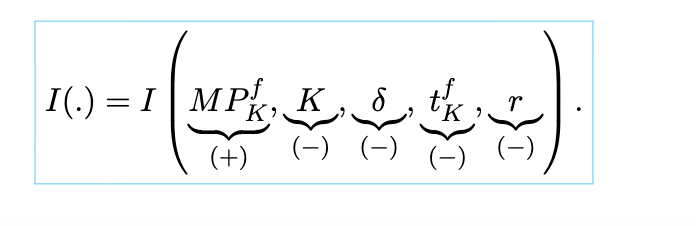 <p><span style="color: rgb(252, 252, 252);"><span>a function of expected capital good returns, the current capital stock, the depreciation rate, and the real interest rate.</span></span></p>