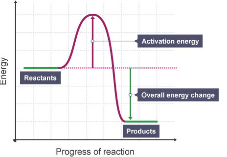 An arrow starting at reactions going to products
