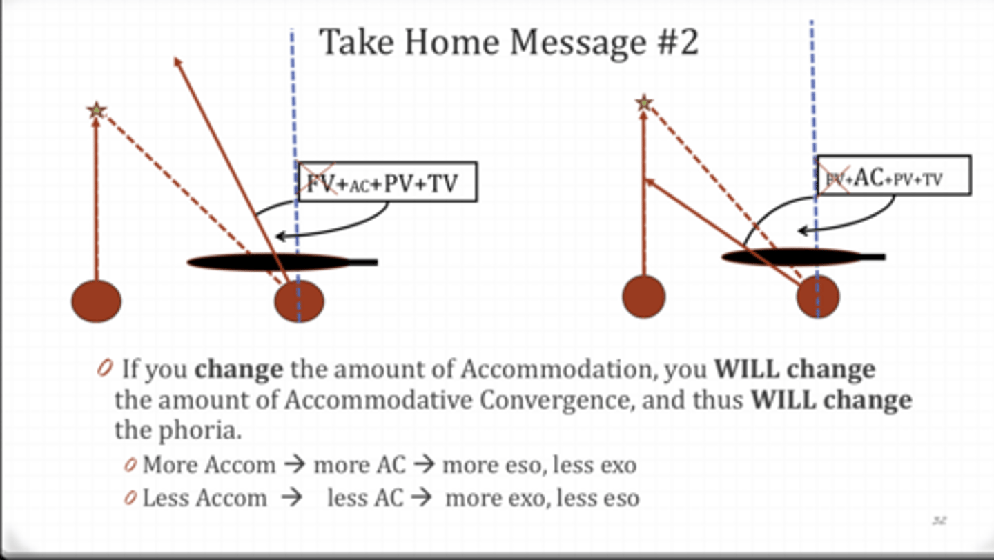 <p>SUMMARY: </p><p>If a patient accommodates more, their accommodative convergence will be higher, and thus the patient will be more (eso/exo)?</p>