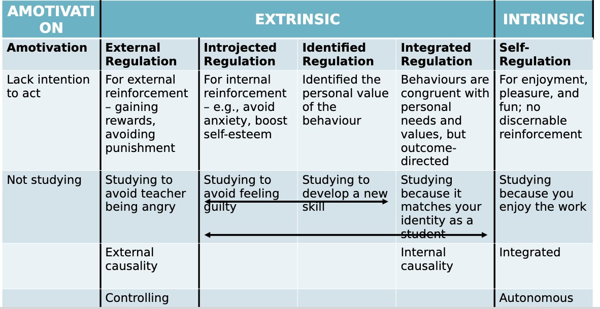 <p>Amotivation: lack of intention to act</p><p></p><p>Extrinsic Motivation:</p><ul><li><p>external regulation - for external reinforcement (gaining rewards, avoiding punishment)</p></li><li><p>introjected regulation - for internal reinforcement (avoid anxiety, boost self esteem)</p></li><li><p>identified regulation - identified the personal value of the behaviour</p></li><li><p>integrated regulation - behaviours are congruent with personal needs, but outcome directed</p></li></ul><p></p><p>Intrinsic Motivation:</p><ul><li><p>self regulation - for enjoyment, pleasure; no discernable reinforcement </p></li></ul><p></p>