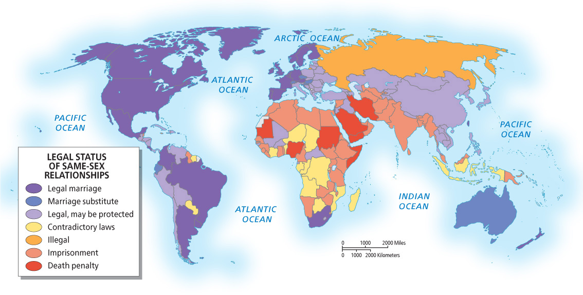<p>Discuss the patterns of acceptance and exclusion shown in Figure 1.34 with regard to gay rights</p>