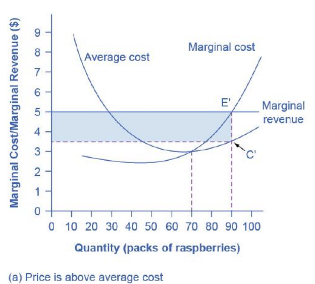 <ul><li><p>price intersecting marginal cost at a level above the avg cost curve</p></li><li><p>since marginal cost is lower than marginal revenue..</p></li></ul><p></p>