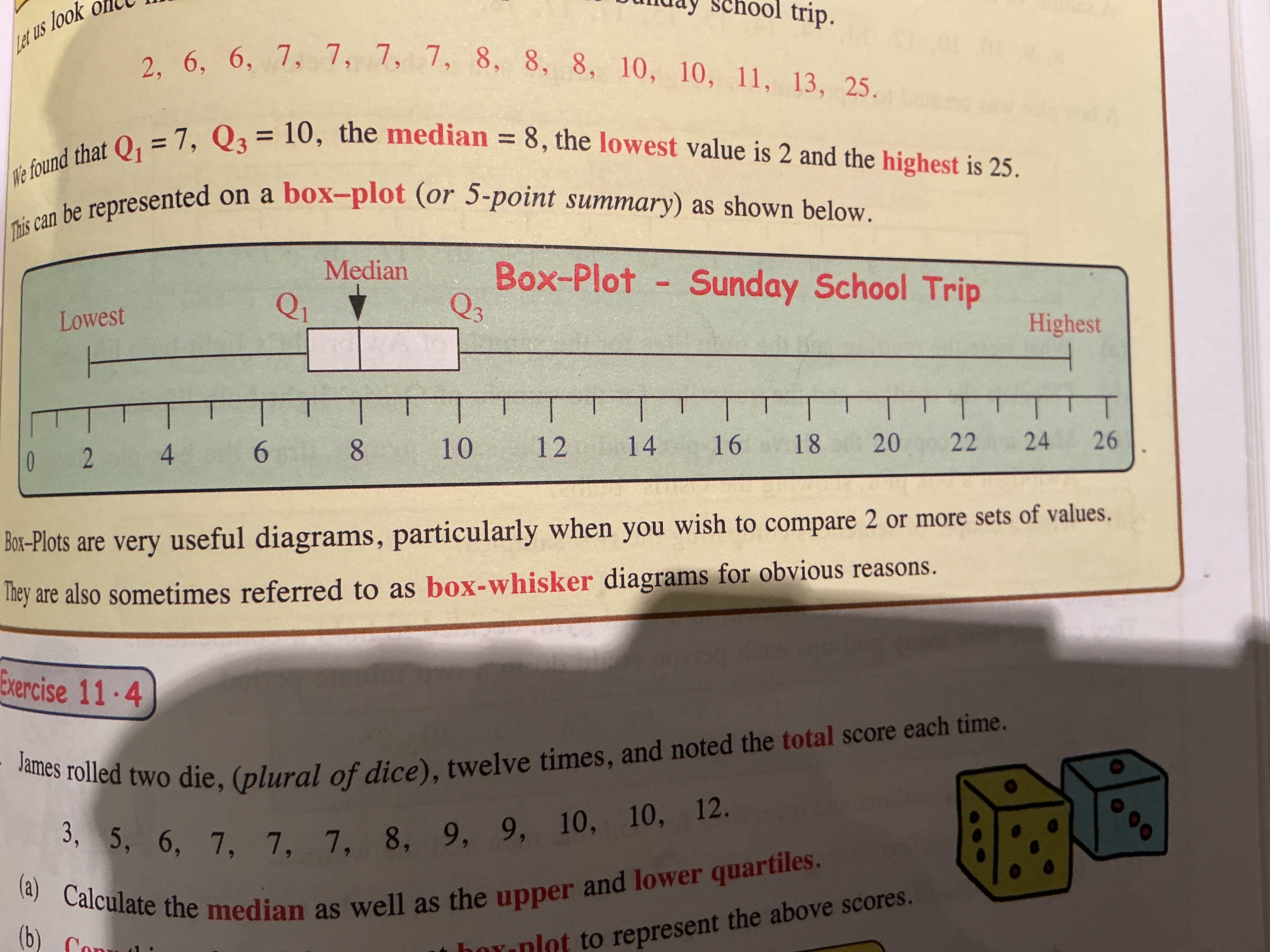 <p>Set out even scale, mark lowest point and highest point. Mark Q1, median and Q3, those last three will be the box, with a line for where the mean is.</p>