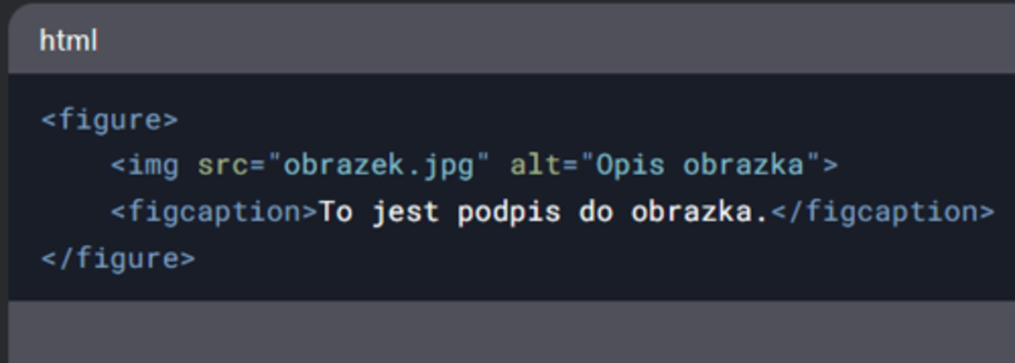 <p>&lt;figure&gt; - używany do grupowania treści, takich jak obrazy, diagramy, kody itp.</p><p>&lt;figcaption&gt; - dodaje podpis do treści wewnątrz &lt;figure&gt;</p>
