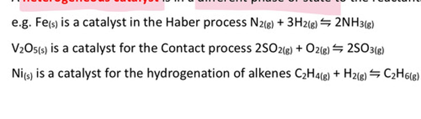<p>- V₂O₅ when producing SO₃ in the Contact process</p><p>- Fe when producing NH₃ in the Haber process</p>