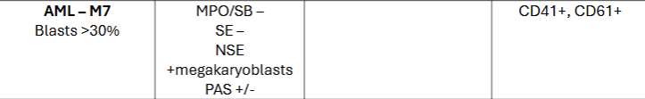<p>acute megakaryocytic leukemia </p><ul><li><p>blasts: >30%</p></li></ul><ul><li><p>cytogenetic abnormalities: none</p></li><li><p>cell markers: CD41+, 61+</p></li></ul><p></p>
