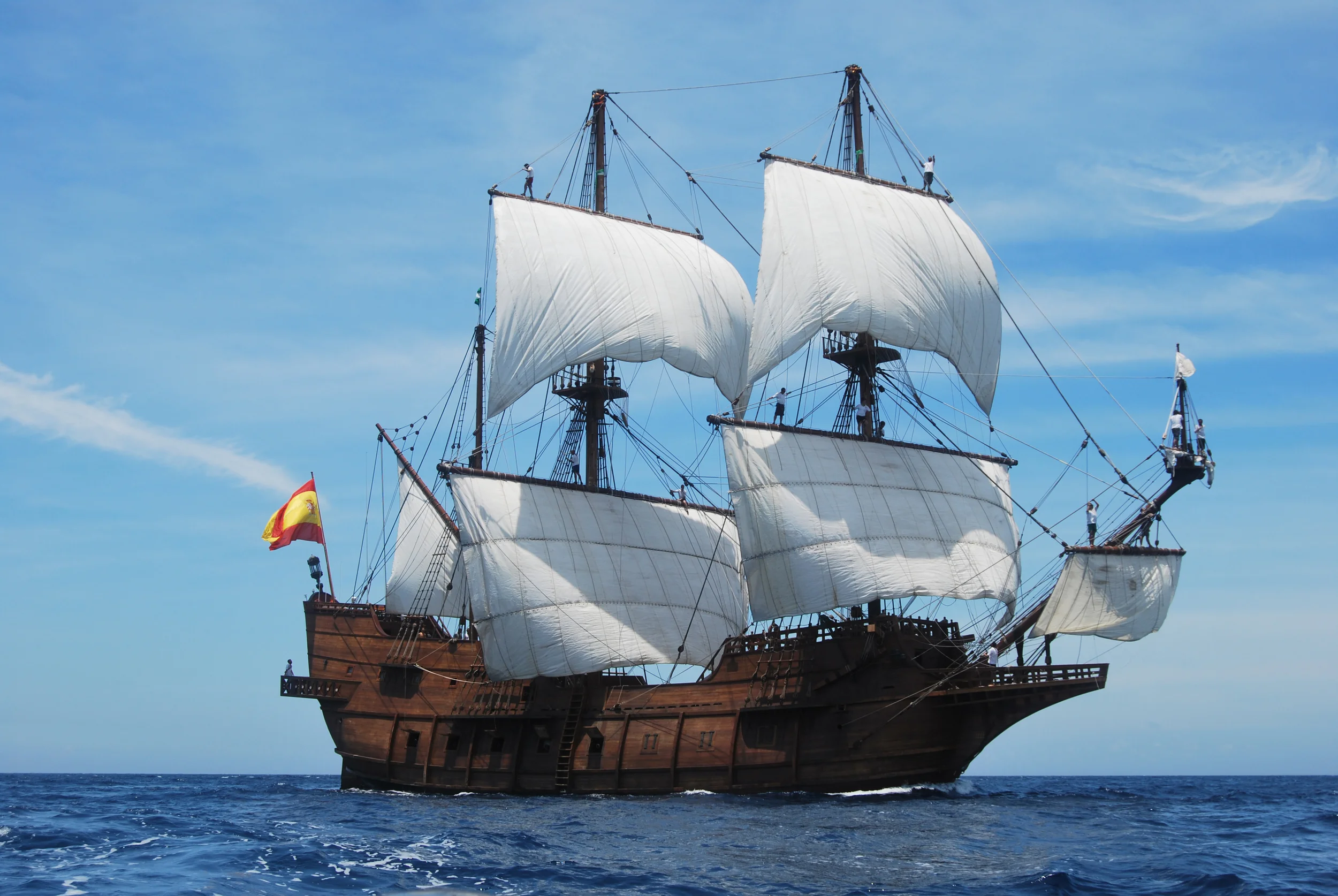 <p>a sailing ship in use (especially by spain) from the 15th through 17th centuries, originally as a warship, later for trade. mainly square-rigged with three or more decks and masts</p>