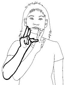 <p>Hold the &quot;2&quot; sign at one side of your mouth and move it to the other side</p>