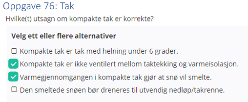 <ul><li><p>Kompakte tak er ikke ventilert mellom taktekking og varmeisolasjon</p></li><li><p>Varmegjennomgangen i kompakte tak gjør at snø vil smelte</p></li></ul><p></p>