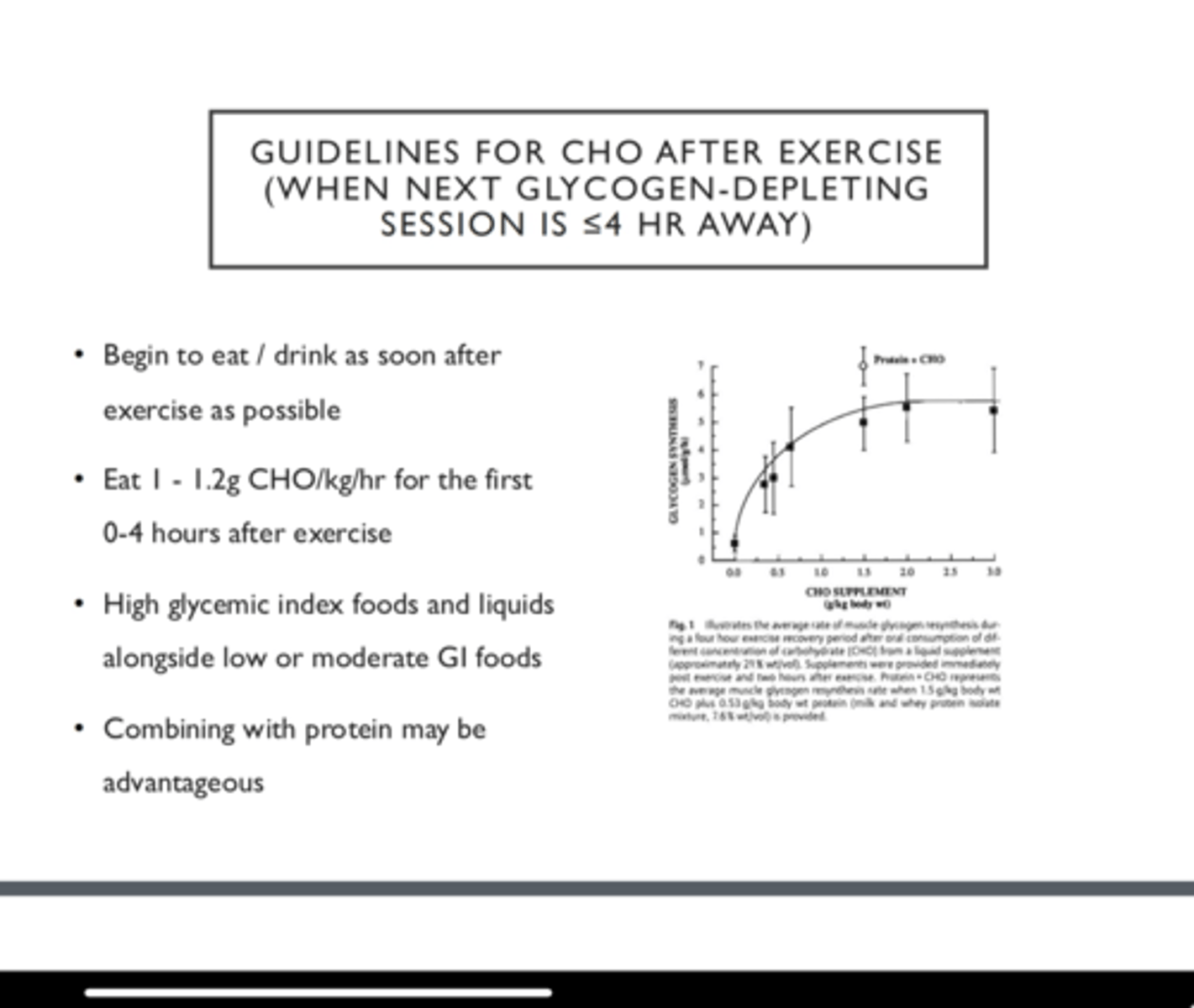 <p><strong>1-1.2g CHO/kg/hr for the first 0-4 hours after exercise.</strong></p><ul><li><p>may not need to be as aggressive when they have a longer rest period and enough time to eat a few meals and replenish those stores.</p></li><li><p>Prioritize liquids and high GI food</p></li></ul><ul><li><p>Adding protein might be advantageous</p></li></ul><p></p>