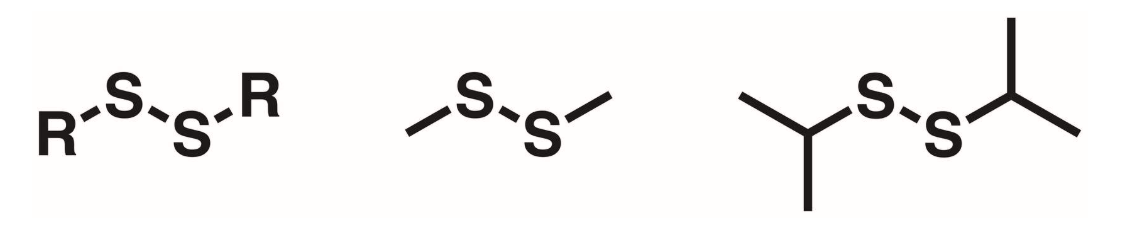 <p>R-S-S-R. 2 sulfur atoms bonded w/ R groups on either side.</p>