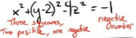 <p>3 squares (two positive, one negative), negative # output (ex. x² + (y-2)² - 4z² = -1)</p>