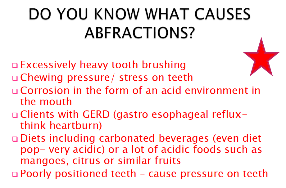 <ul><li><p>small cracks or notches in the teeth → due to clenching, chewing and biting pressures on teeth</p></li><li><p>cracks and splits in enamel </p></li><li><p>shining bright light on the tooth reveals VERTICAL lines of Abfraction on the length of the tooth. </p></li></ul><p></p>
