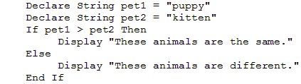 <p><span style="font-family: Lato Extended, Lato, Helvetica Neue, Helvetica, Arial, sans-serif">What would be displayed if the following pseudocode was coded and executed?</span></p><p><span style="font-family: Lato Extended, Lato, Helvetica Neue, Helvetica, Arial, sans-serif">These animals are the same</span></p><p><span style="font-family: Lato Extended, Lato, Helvetica Neue, Helvetica, Arial, sans-serif">These animals are different</span></p><p><span style="font-family: Lato Extended, Lato, Helvetica Neue, Helvetica, Arial, sans-serif">These animals are the same. These animals are different.</span></p><p>puppy   kitten   These animals are <span>different</span>.</p>