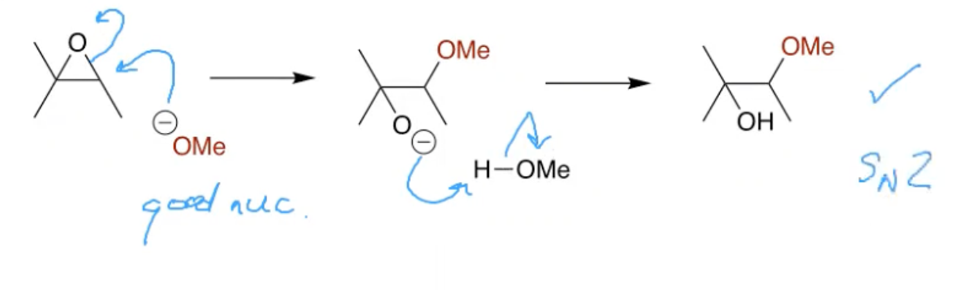 <p>Using MeONa</p><p>This is an SN2 reaction and steric hinderance is the controlling factor, this it attacks at the less substituted end of the epoxide.</p>