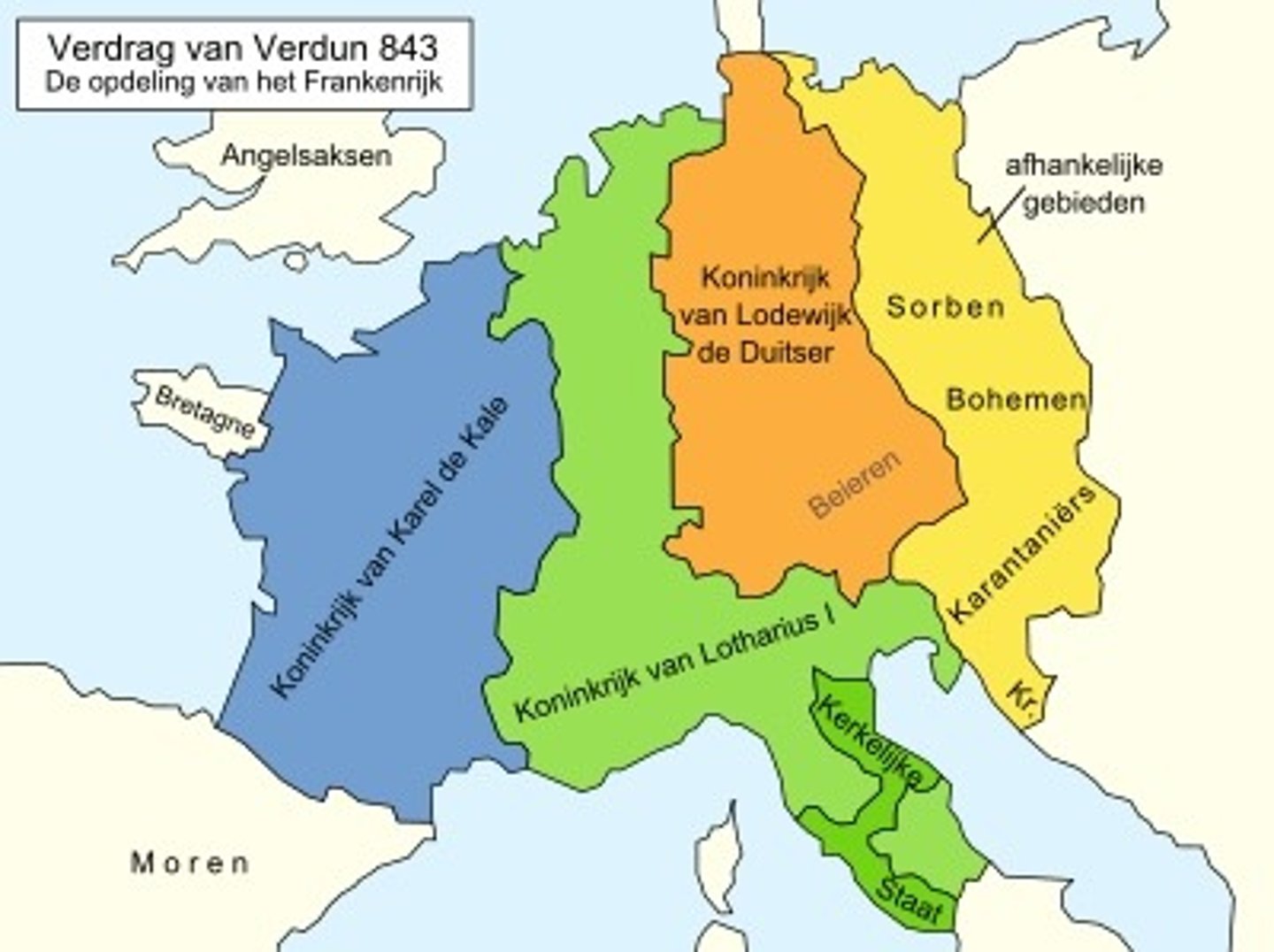<p>Rijk van Karel de Grote valt uit elkaar:- West-Frankische rijk- Middenfrankische rijk- Oost-Frankische rijk</p>