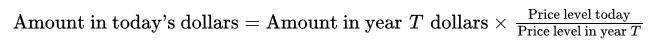 <p>Amount In Today’s Dollars = Amount In Year T Dollars * (Current CPI/Year T CPI)</p>