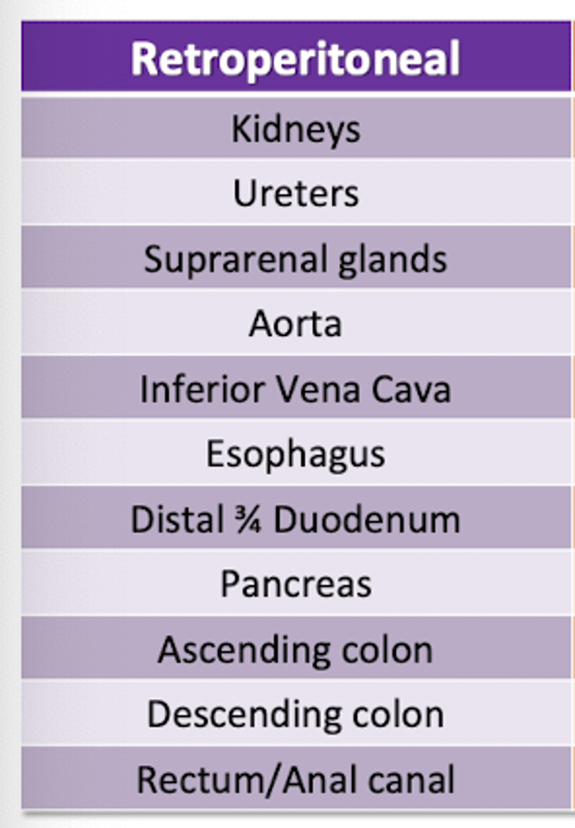 <p>SADPUCKER</p><p>S-suprarenal organs (adrenals)</p><p>A- aorta and IV</p><p>D- duodenum (distal 3/4)</p><p>P-pancreas (head&amp;body)</p><p>U-ureters and bladder</p><p>C-colon (ascending and descending)</p><p>K- kidneys</p><p>E-esophagus</p><p>R- rectum/anal canal (mid distal)</p>