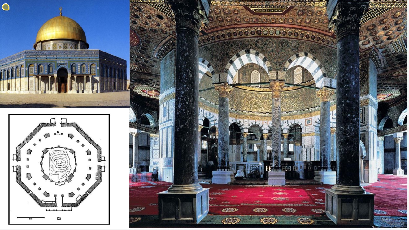 <ul><li><p>Muslim, Christian, and Jewish center geographically</p><ul><li><p>Where Jewish Temples 1-3 were before the destruction and Abraham almost sacrificed Isaac</p></li><li><p>“navel of the world“</p></li><li><p>Where it is said Muhammad ascended to get law </p></li></ul></li><li><p>Inspired by Byzantine and Eastern architecture</p></li><li><p>Scrit becomes a pattern- literally made with/ of the Qur’an, a type of circumambulation to read scripture</p><ul><li><p>forbidden representation of people</p></li></ul></li><li><p>emphasis of depth v flatness, ornamentation and filigree </p></li><li><p>Grid- 8 sides, 4 piers, 2 ambulatories </p></li></ul>