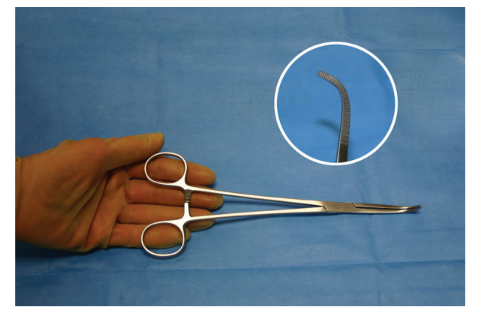 <p>Nickname: Mixter </p><p>Use: Grasps, dissects, and passes tie</p><p>Features: Not a true right angle, curved jaws with serrations on ½ jaw also known as Weck pattern</p>