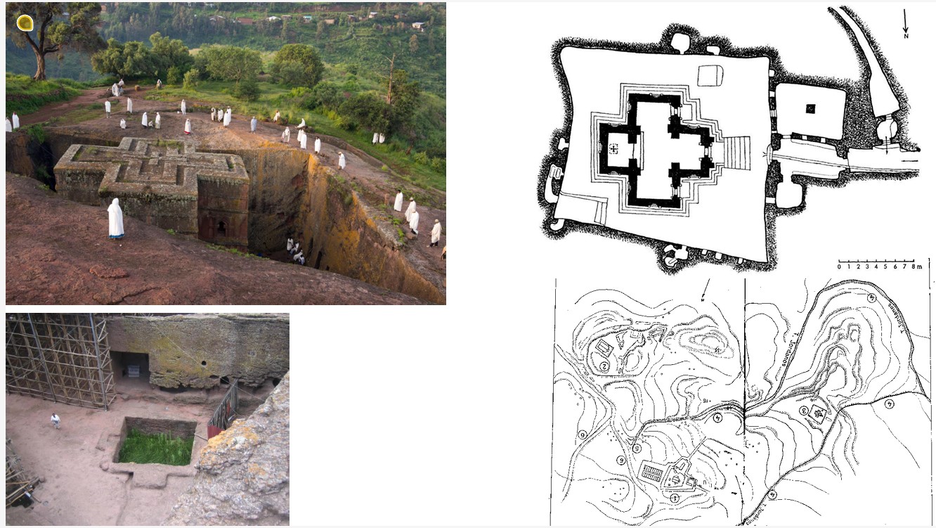 <ul><li><p>Lalibela </p><ul><li><p>“new Jerusalem“- reproduction of landscape and sacred sites and rivers </p></li></ul></li><li><p>shaped like the Eastern Orthodox Coptic cross </p></li><li><p>house for the poor, fortress, devotion \</p></li><li><p>Central square with other squares on a grid </p></li><li><p>Interiors carved like exterior </p></li><li><p>Sacred springs</p><ul><li><p>miracles, fertility, wells carved into the landscape </p></li></ul></li></ul>