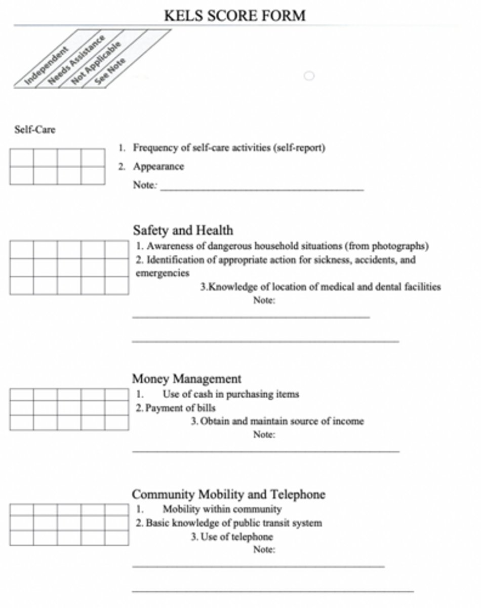 <p>- First give the reading and writing form, say first do this, then you'll do self care, money management, and safety health/etc.</p><p>- One each paper with the directions there are minimum standards and this is how you decide if theyre independent or need assistance, then you put it on the score sheet.</p><p>- making d/c plans and recommendations for the KELs</p><p>- Fill out the summary page based on the scoring form - then make justification as to why you choose this D/c plan - maybe they would benefit from leisure based occupational therapy if they only identified 1 leisure occupation - the book says 3 - so just look at what the booklet says and then make decisions based on the apparatus in which they "need assistance"</p>