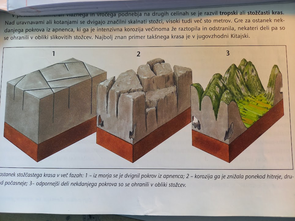 <p><span>nad uravnavami ali kotanjami se dvigajo skalnati stožci visoki več 100m (ostanek nekdanjega pokrova iz apnenca, ki ga je korozija večinoma že raztopila in odstranila, nekateri delci pa so se ohranili v obliki stožcev)</span></p>