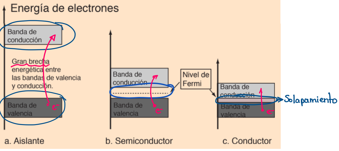 **○ Bandas ocupadas:** bandas totalmente ocupadas con **e-.** 

**○ Bandas de valencia:** bandas con **e-** de valencia (parcialmente llena).

**○ Bandas de conducción:** banda completa o parcialmente vacía.

La conducción eléctrica en metales se basa en la __libertad de movimiento de los e- de valencia.__