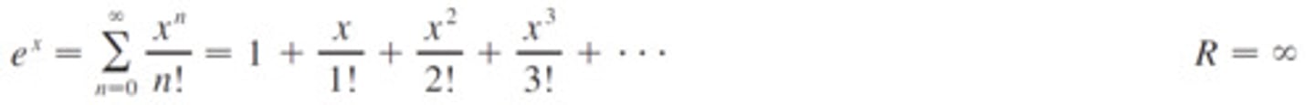 <p>∑xⁿ/n!=1+x/1!+x²/2!+x³/3!+...</p><p>R=infinity</p>