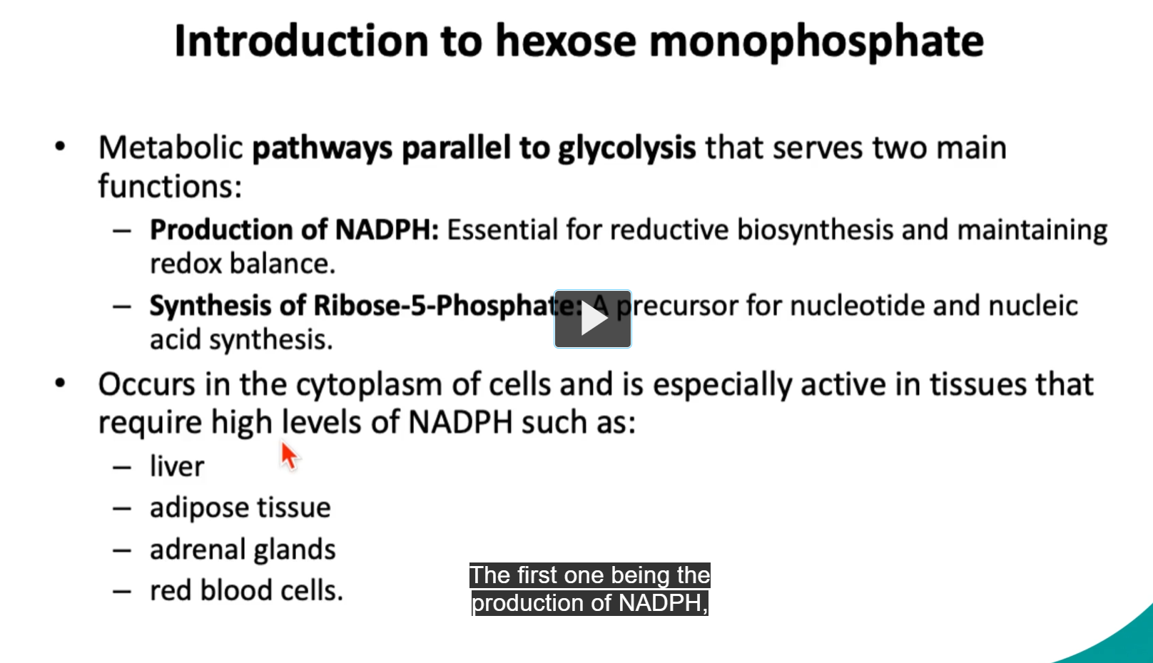 <p>the <strong>hexose monophosphate shunt</strong> is a <strong>metabolic pathway</strong> <strong>parallel</strong> to <strong>glycolysis</strong> that <strong>serves two main functions:</strong></p><ol><li><p><strong>production of NADPH</strong>: essential for reductive photosynthesis and maintaining redox balance.</p></li><li><p><strong>synthesis of ribose-5-phosphate</strong>: precursor for nucleotide and nucleic acid synthesis</p></li></ol><p>the <strong>hexose monophosphate pathway</strong> <strong>occurs</strong> in the <strong>cytoplasm</strong> of the <strong>cells</strong> and is <strong>especially active in tissues</strong> that <strong>require high levels of NADPH</strong>, such as:</p><p>-liver</p><p>-adipose tissue</p><p>-adrenal glands</p><p>-red blood cells</p><p>*the HMP pathway is active in tissues that require high levels of NADPH because the HMP pathway produces NADPH. </p>