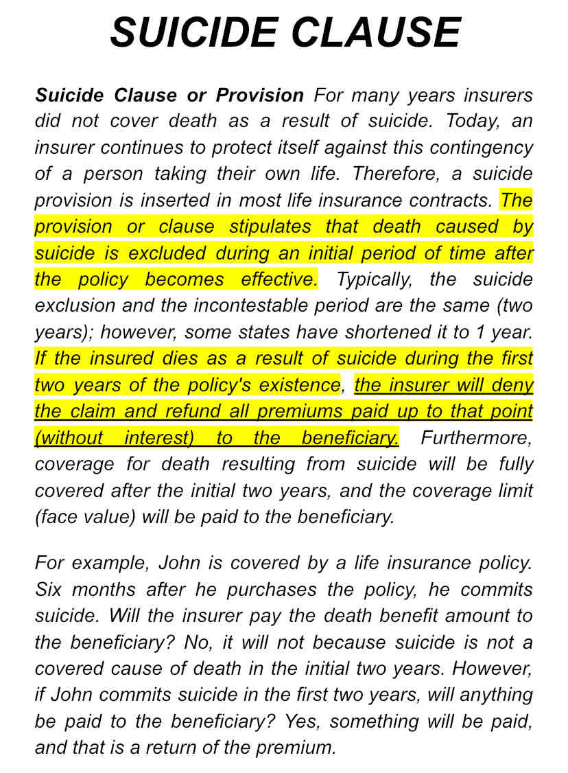 <p>The suicide clause of a life insurance policy states that if an insured commits suicide within a stated period from the policy's inception, the insurer will only be liable for a return of premiums paid</p><ul><li><p>minus indebtedness and with interest</p></li><li><p>during the last 12 months</p></li><li><p>minus indebtedness and without interest</p></li><li><p>during the last 6 months</p></li></ul>