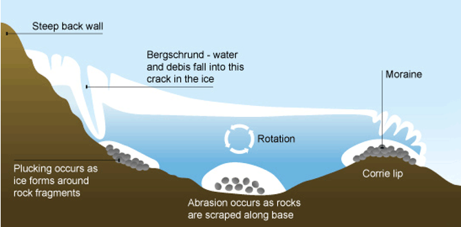 <p>Corries (also known as <strong>cirques</strong> in North America and <strong>cwms</strong> in Wales) are <strong>armchair-shaped hollows</strong> formed by glacial erosion.</p><ul><li><p>nivation</p></li><li><p>ice formation and rotational movement</p></li><li><p>plucking and abrasion - erosion of the hollow</p></li><li><p>formation of the lip - erosion slows</p></li><li><p>tarn formation</p></li></ul><p></p>