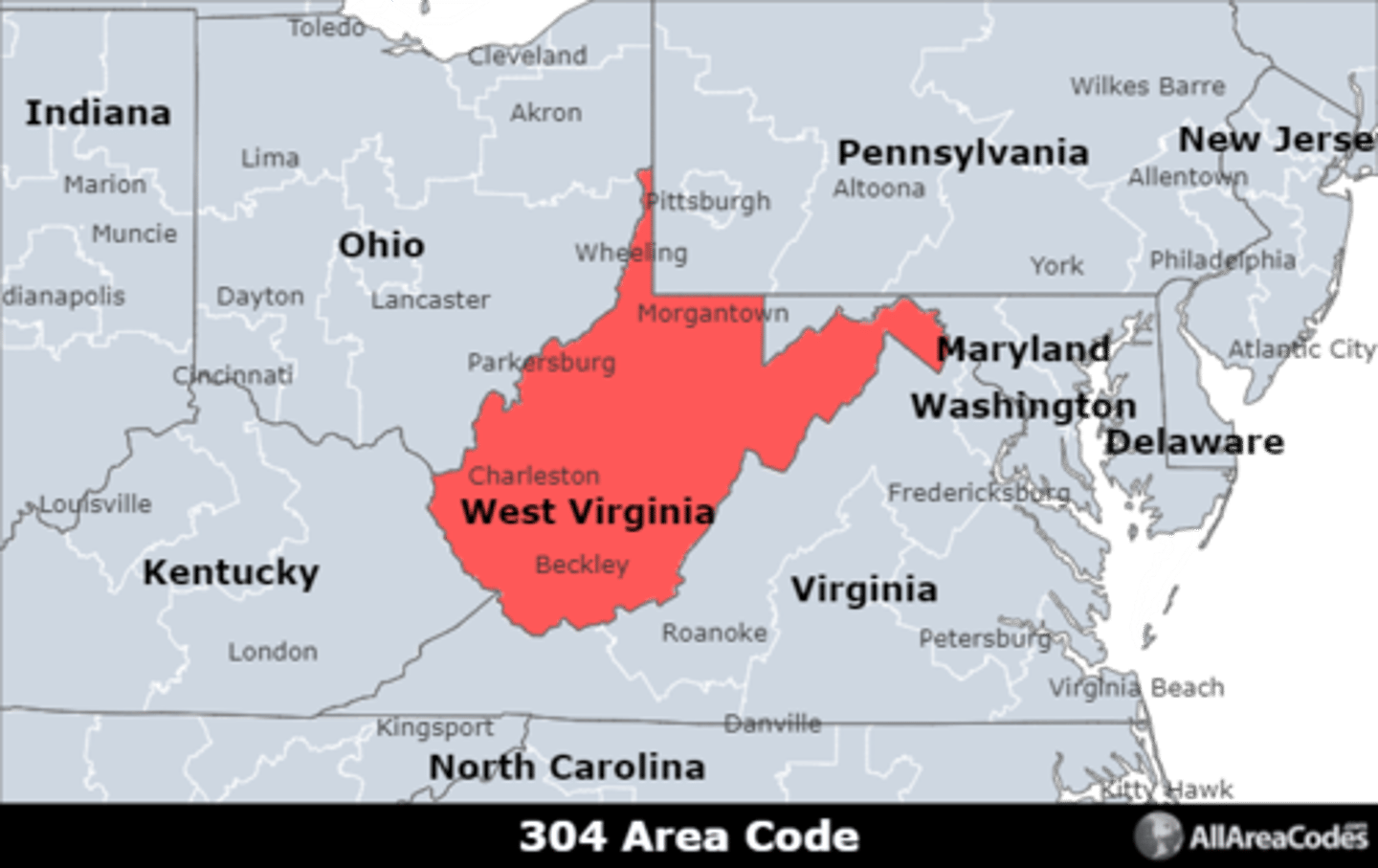 <p>Area code 304 covers the entire state of West Virginia. It has a single overlay (681) that serves the same area.</p>