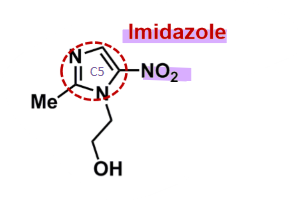 <ul><li><p>is a <strong>prodrug</strong></p><ul><li><p>converted to many metabolites</p></li><li><p>by <strong>bacterial enzymes </strong>or <strong>liver </strong></p></li></ul></li><li><p><u>pharmacophore:</u> <strong>imidazole</strong></p></li><li><p><strong>NO2 </strong>needs to be at C5 for activity </p></li><li><p><strong>oral </strong>or <strong>parenteral </strong></p></li><li><p>side effects is because of the reactive metabolites</p><ul><li><p>can react with proteins causing toxicity </p></li></ul></li></ul>