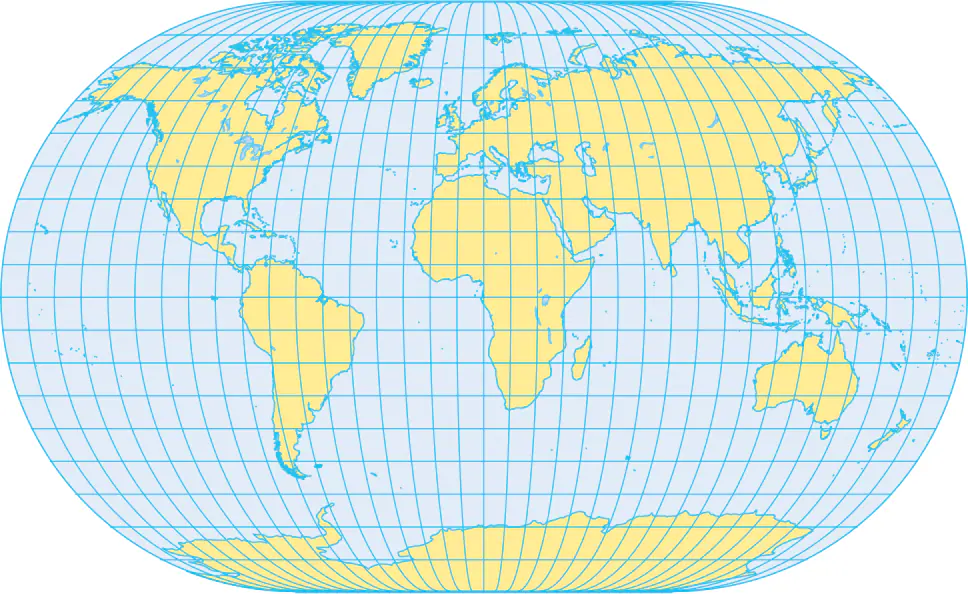 <p>The relative sizes of the land masses on the map are the same as in reality. However, by allocating space to the oceans, the land areas are much smaller than on interrupted maps of the same size.</p>