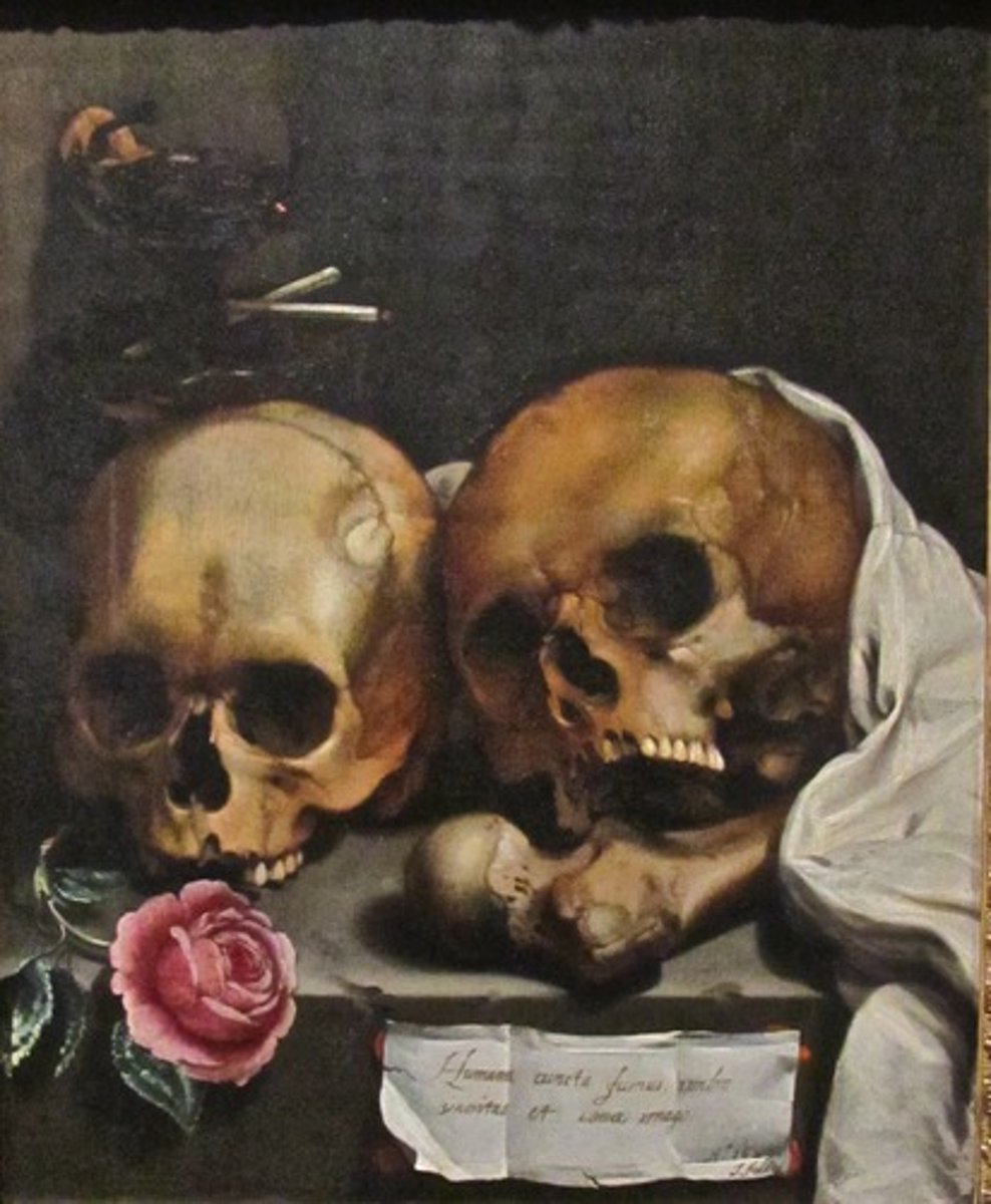 <p>Forms are 3D.</p><p>Paintings can have forms in them: they are flat but have the illusion of form.</p><p>For example, the skulls here are flat but they look 3D because the artist has added tone.</p>