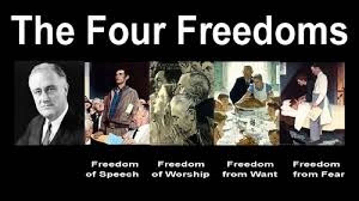 <p>A speech by President Franklin Roosevelt on January 6, 1941 that proposed lending money to Britain for the purchase of U.S. military weapons. He argued that the U.S. must help other nations defend "four freedoms" (freedom of speech, freedom of religion, freedom from want, and freedom from fear). (p. 529)</p>