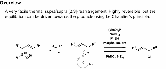 <ul><li><p>Can prepare via Mitsunobu, mcPBA oxidation (1 eq.)</p></li><li><p>Can cleave with nucleophile (Thiophiles: P(OEt)3, NaBH4, PhSH, etc.) to form alcohol </p></li></ul><p></p>