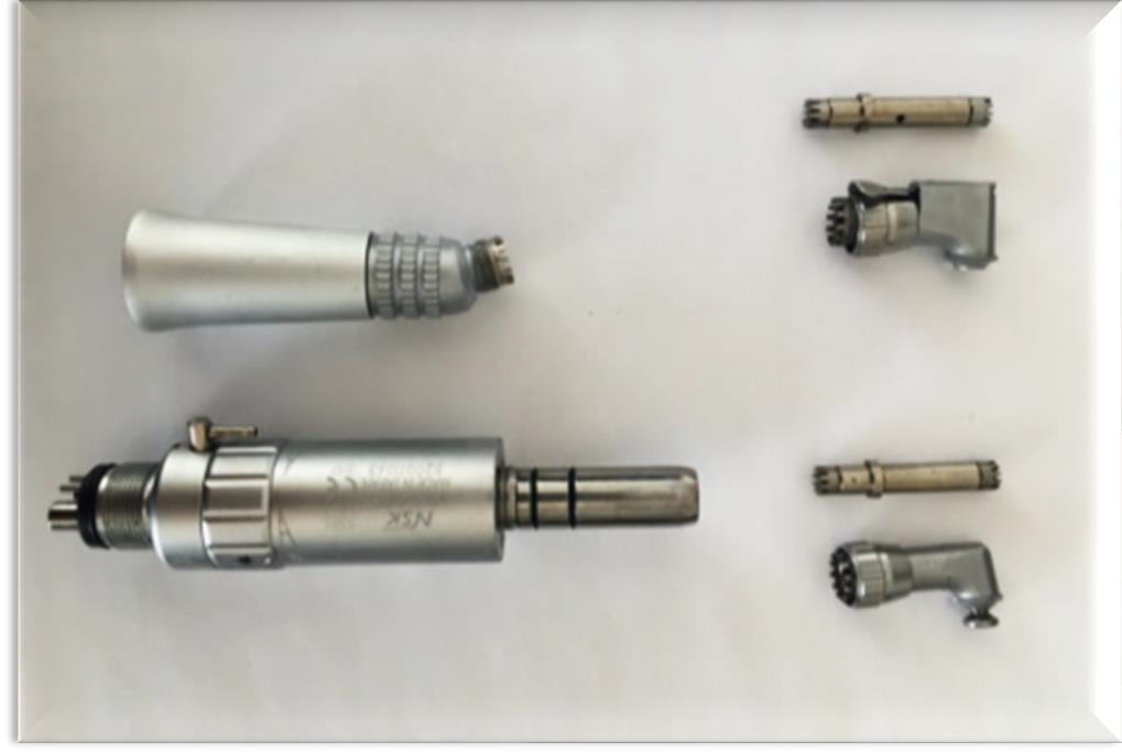 <p>The prophy head, the contra-angle, and the slow-speed motor.</p>